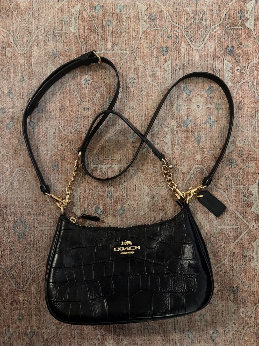 Coach Black Croc-Embossed Leather Crossbody Bag with Gold Hardware